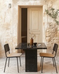 Chic Minimalist Dining Space: A Black Table and Cozy Chairs Nestled Against a Rustic Wall with a Wooden Door - Elegance in Simplicity