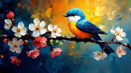 Fototapeta premium Bird Perches Gracefully on Blossoming Branch in Impasto Style