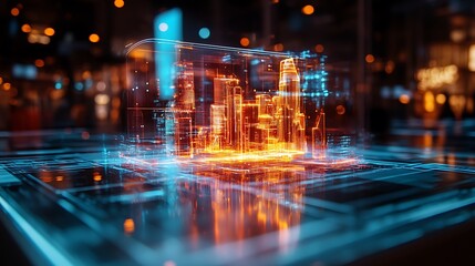 Fototapeta premium Glowing Hologram Projection from AR Device Over Virtual Cityscape