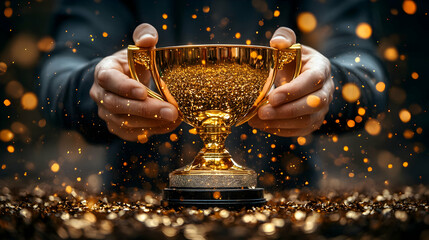 Champion Holds Trophy with Golden Glitter Background