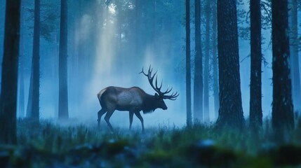 A lone elk walking through a misty, rainy forest in Sweden, surrounded by tall pine trees, with a soft light breaking through the canopy, detailed in 4K