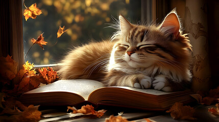 Cozy Cat Sleeps Peacefully on Book with Autumn Leaves by Window
