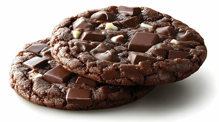 Two Delicious Double Chocolate Chunk Cookies with White Chocolate Chunks Isolated on a White Background