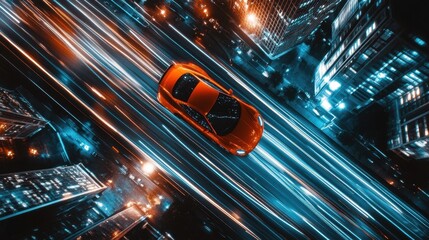 Orange Sports Car Driving Through City Night Streets