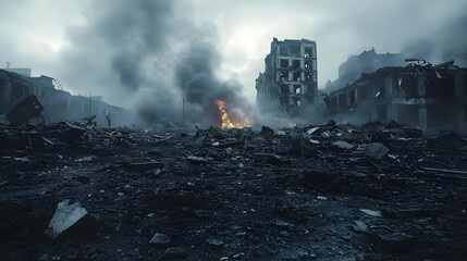 Destroyed Cityscape Shows Devastation and Rubble with Smoke and Fire Under Dark Sky