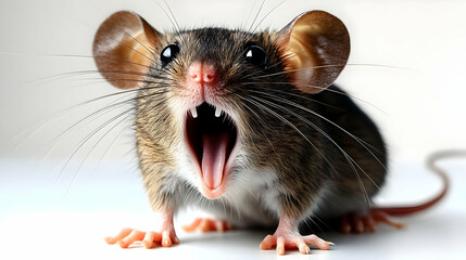 Tiny Mouse Squeaks Loudly: Adorable Rodent Opens Mouth Wide Open Aggressively