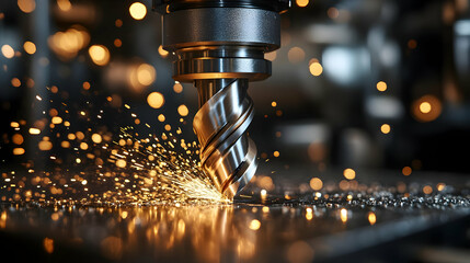 Metalworking CNC milling machine creates sparks during operation on a workpiece with precision.