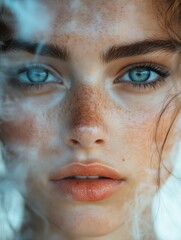 A close-up portrait of a young woman with striking blue eyes and freckles, surrounded by soft smoke.