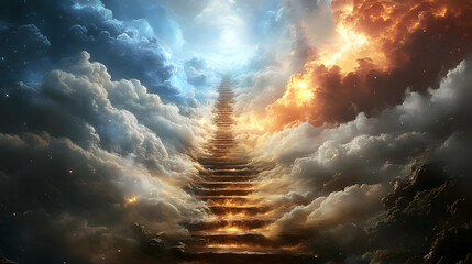 Stairway Ascends Through Dramatic Cloudscape with Celestial Light, an otherworldly illustration of hope and journey.