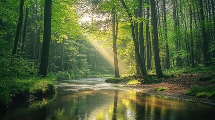 Obraz premium Sunlit Forest Stream Peaceful Green Canopy