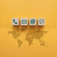 Communication icons (phone, email, chat) on wooden blocks with a dotted world map and yellow background, representing global networking and online contact methods.
