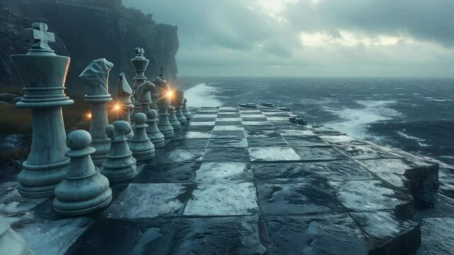 Chess animation video: ocean backdrop, strategic moves, dynamic play, roaring waves, coastal tension, dramatic setting, animated board, powerful visuals, strategic battle, stormy atmosphere.