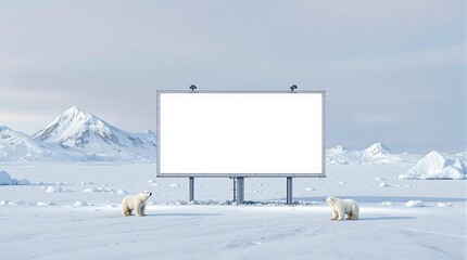 Polar bears and blank billboard in snowy arctic landscape with mountains