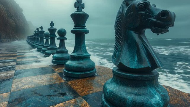 Chess animation video: ocean backdrop, strategic moves, dynamic play, roaring waves, coastal tension, dramatic setting, animated board, powerful visuals, strategic battle, stormy atmosphere.