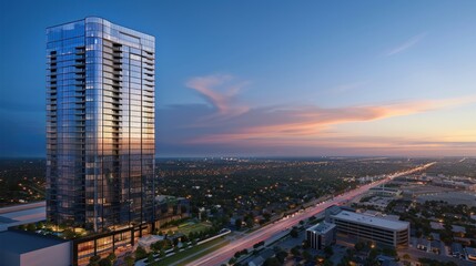 Modern glass skyscraper at sunset overlooking city.