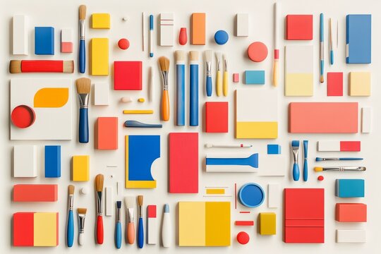 A colorful arrangement of art supplies and tools on a flat surface for creative projects.