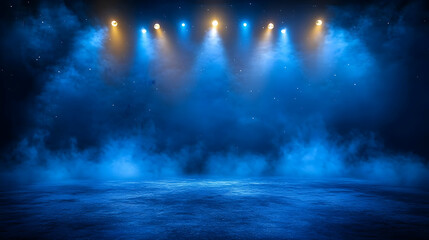 Dark Blue Stage Background with Bright Spotlights Illuminating the Foggy Atmosphere