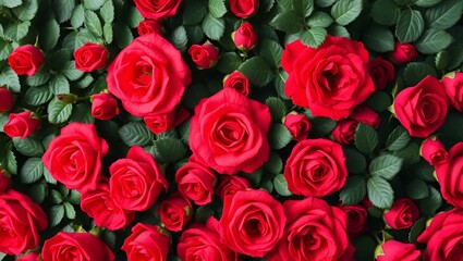 Fototapeta premium Valentine's Day, A natural, fresh red roses pattern wallpaper, showcasing vibrant red roses in full bloom