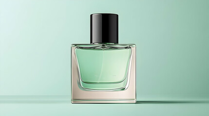 Elegant Green Perfume Bottle Stands on a Soft Green Backdrop Beautifully and Elegantly.