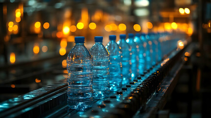 Water Bottles Move Along Conveyor Belt in Bottling Plant with Warm Background Lights