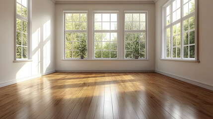Empty Room with Large Windows and Wooden Floor Illuminates Peacefully in Sunlight
