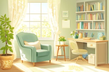 Fototapeta premium A cozy, sunlit study with a chair, desk, and bookshelves, perfect for relaxation and creativity.