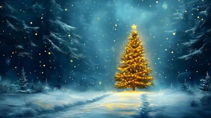 Christmas Tree Glows in Snowy Forest at Night Quietly