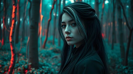 Fototapeta premium A dark fantasy woman stands in a mystical forest with a serious expression on her face