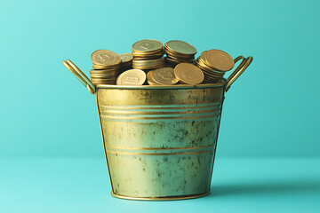 Golden Coins in a Vintage Bucket: A Symbol of Wealth