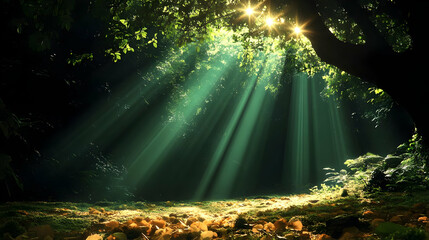 Sunbeams illuminate the forest floor through the canopy, creating a magical scene with moss and leaves.