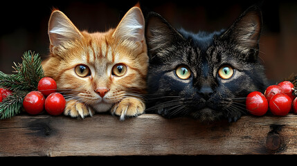 Cats Observe Red Berries and Pine Sprig Curiously from Wooden Plank