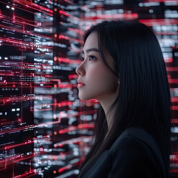 Woman programmer looking at code on a screen.  Concept of technology, innovation, and coding.
