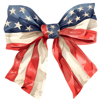 Patriotic USA ribbon bow with stars and stripes. Watercolor clip art of American flag design in coquette style. Isolated clipart design element on transparent background