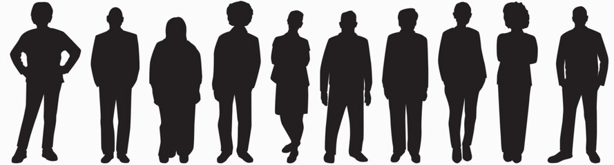 Silhouettes of diverse individual standing in a row white background.