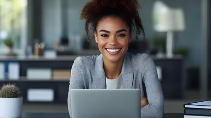Confident businesswoman sits at her desk with her laptop and smiles broadly, happy with her day at work.