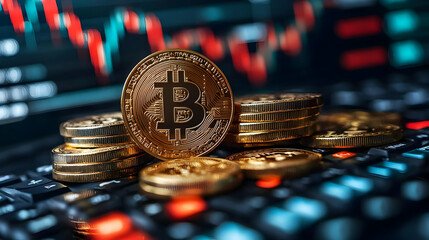 Gold Coins Represent Cryptocurrency Trading on Keyboard with Stock Market Chart Background