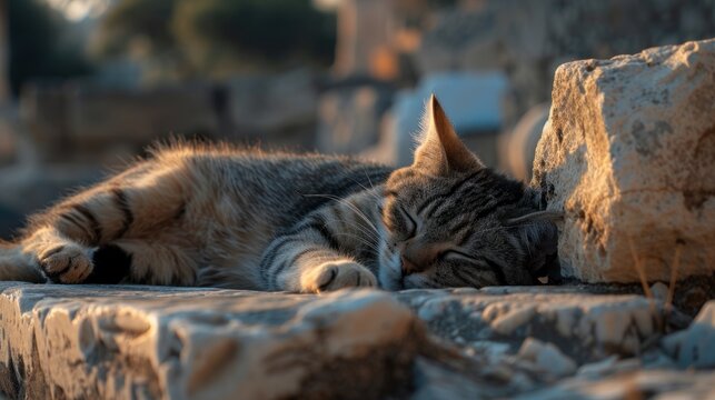 Tabby cat sleeping peacefully on ancient stone ruins.
