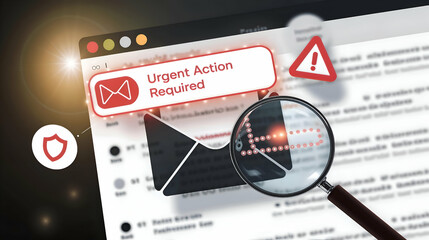 Email scam detection concept with urgent alert, security shield, and magnifying glass highlighting phishing and online cybersecurity threats.
