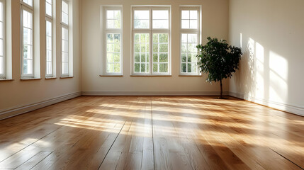 Bright Empty Room with Large Windows and Polished Wooden Floors Creates a Peaceful Ambiance.