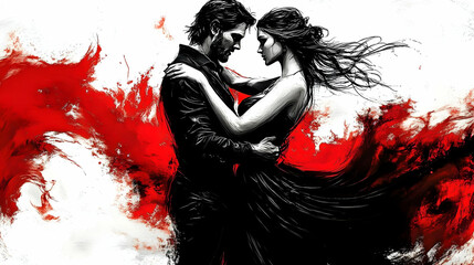 Fototapeta premium Couple Embraces Passionately Amidst Red Romance, Love, and Intimacy