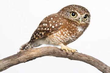 Obraz premium A close-up of a spotted owl perched on a branch against a white background.