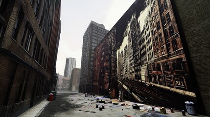 Naklejka premium A city alley with a large mural depicting a historic urban scene, surrounded by debris.