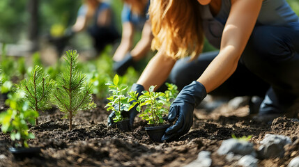 Naklejka premium Planting Trees Restores Ecosystems Carefully and Gently with Teamwork