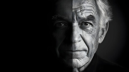 Face Shows Age and Wisdom, Deep in Thought, Black and White Portrait