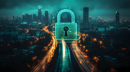Cybersecurity lock protects data in futuristic cityscape, ensuring urban safety at night.