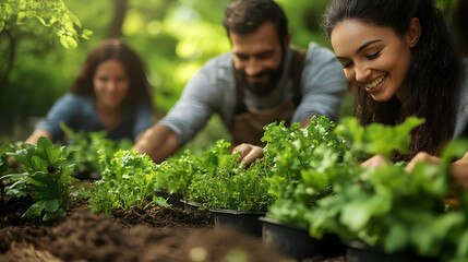 Gardening Enthusiasts Plant Lettuce Seedlings in Rich Soil Outdoors
