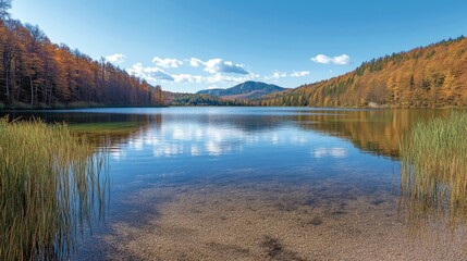 Fototapeta premium Serene autumn lake landscape with clear water reflecting colorful trees and a mountain range in the background.