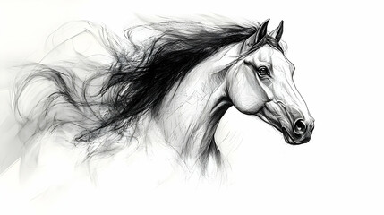 Horse Head Drawing, Sketch, Mane, White Background, Animal Art