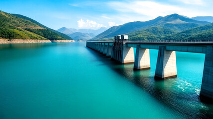 Obraz premium A scenic view of a dam surrounded by mountains, with clear turquoise water beneath a bright blue sky.