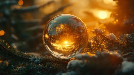 Crystal Ball Captures Sunset Winter Scene
